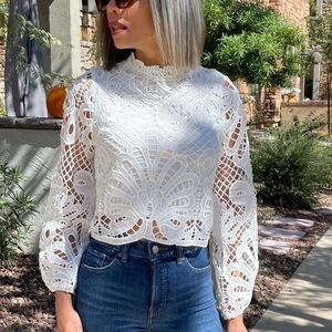 New Women’s Bohemian Lace Mock Neck Long Sleeve Crochet Top Size Medium
